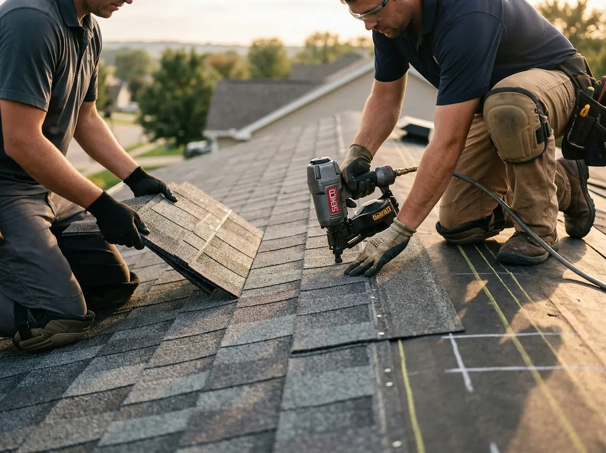 Professional roofer working on a residential roof in Socorro